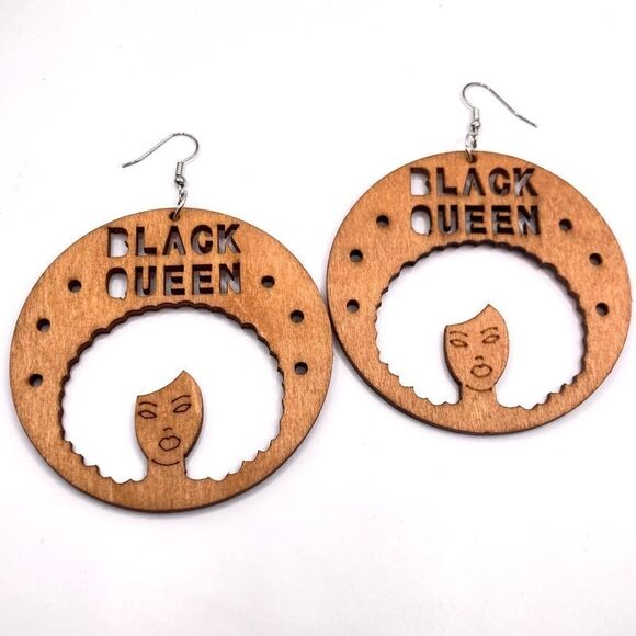 Wooden Black Queen Disk Earrings - Picture 1 of 5